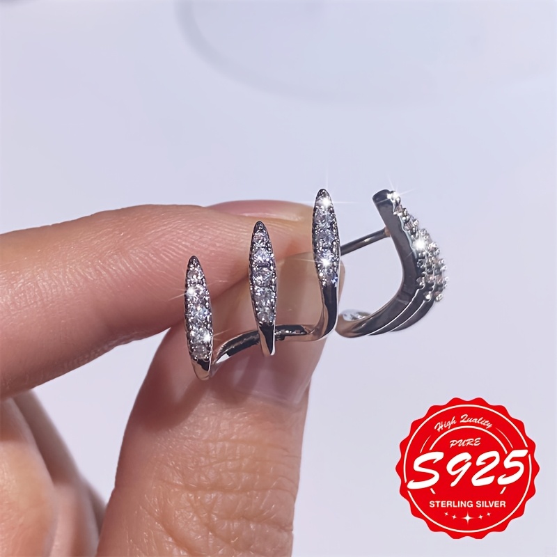 Women's S925 Silver 3-Claw Bent Earrings, Luxurious Design
